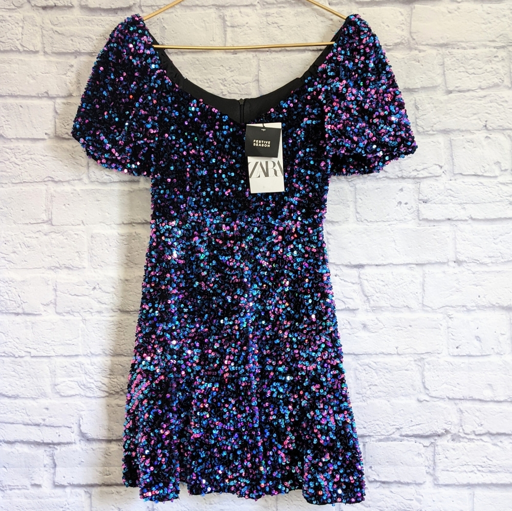 Zara Purple Blue Sequin Puff Sleeve Cocktail Dress - Picture 5 of 8